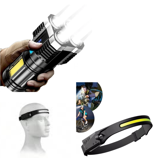 Kit Lanterna Tática Potente Alto Brilho + Lanterna Led de Cabeça Profissional Recarregável