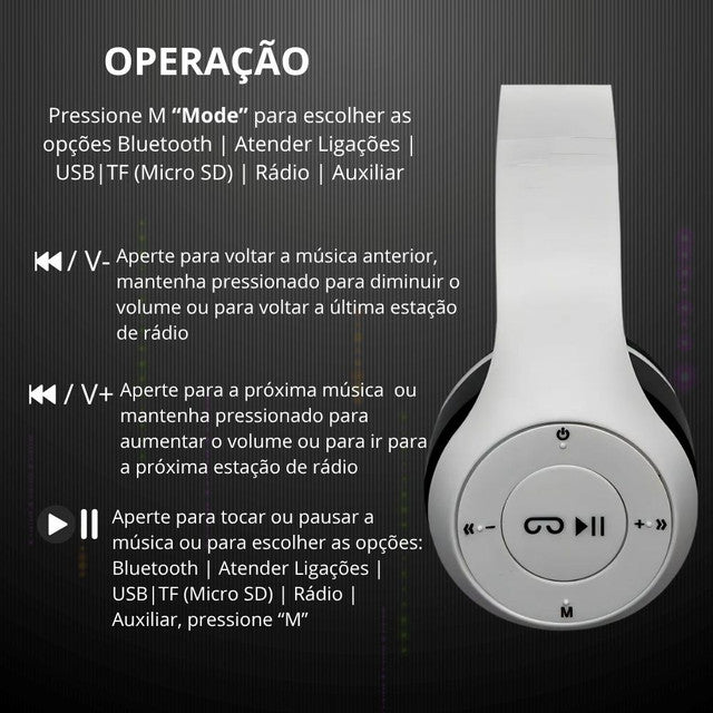 Fone De Ouvido Headphone Sem Fio Wireless Bluetooth Dobrável Com Microfone Regulável Isolamento de Ruído