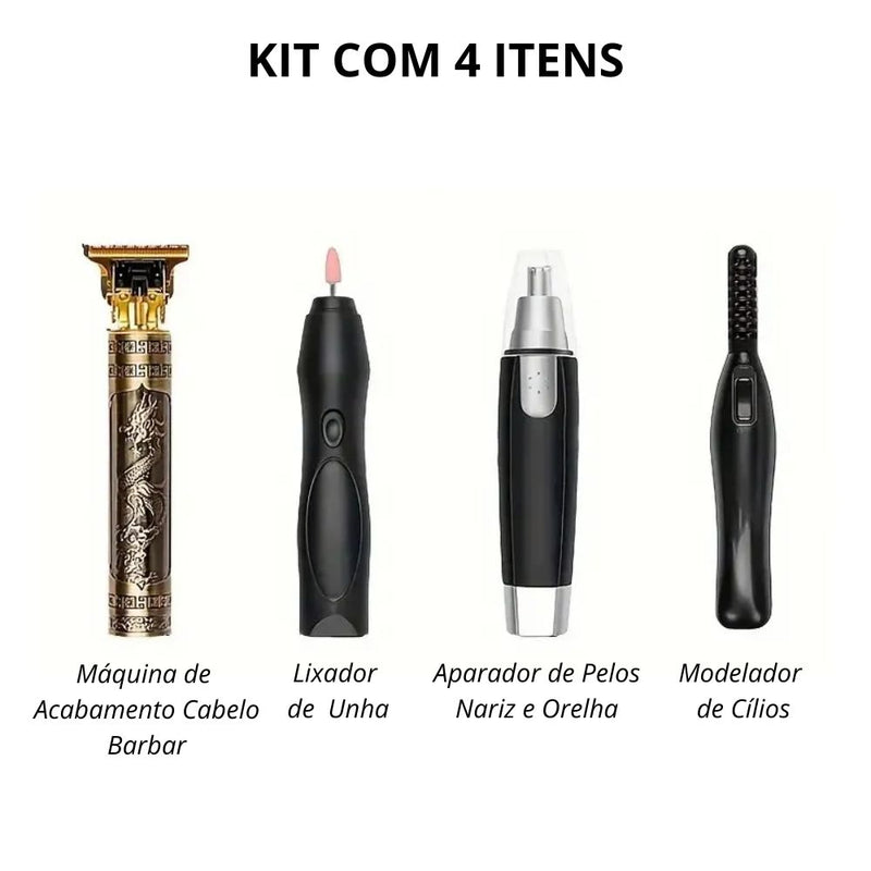 Kit 4 Peças Maquina Dragão Cabelo Barba + Aparador De Pelo De Nariz + Modelador de Cílios + Lixa Elétrica de unha