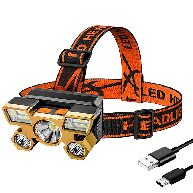 Lanterna de Cabeça 5 LED´s Super Forte Recarregável Resistente A Água Carregamento via USB