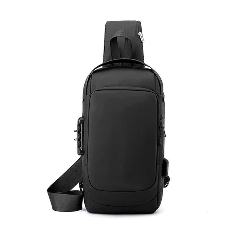 MOCHILA ANTI FURTO TRANSVERSAL DK CADEADO COM SENHA SAIDA CARREGADOR USB RESISTENTE A ÁGUA