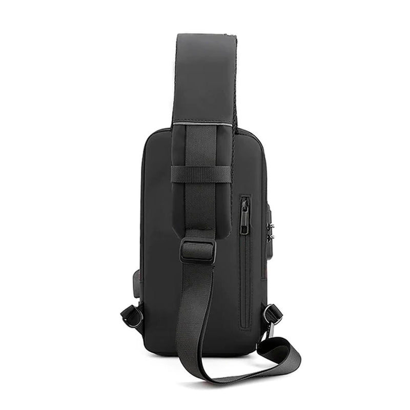 MOCHILA ANTI FURTO TRANSVERSAL DK CADEADO COM SENHA SAIDA CARREGADOR USB RESISTENTE A ÁGUA