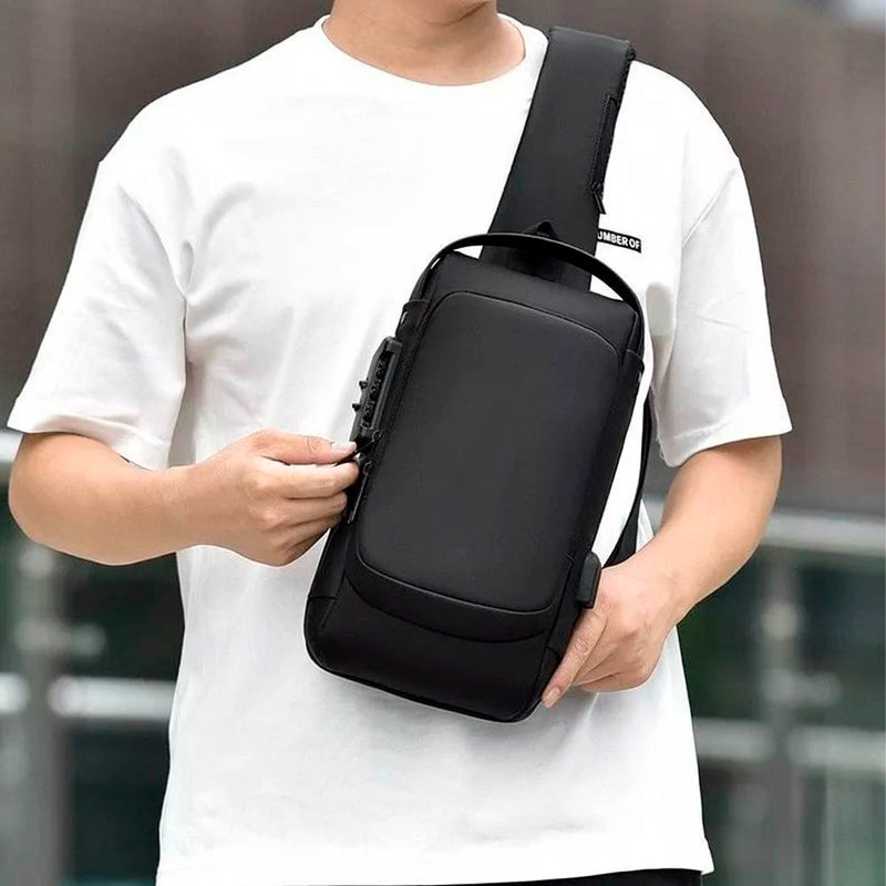 MOCHILA ANTI FURTO TRANSVERSAL DK CADEADO COM SENHA SAIDA CARREGADOR USB RESISTENTE A ÁGUA
